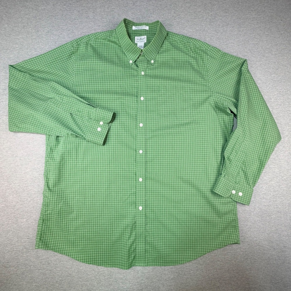 LL Bean Mens XL Green White Grid Wrinkle Resistant Traditional Fit Shirt 275569